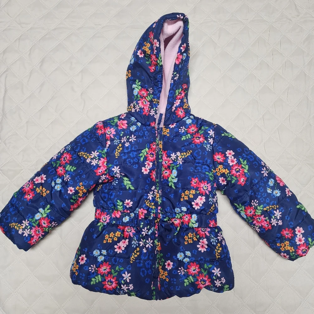 Little Me Fleece Lined Blue Floral Puffer Jacket with Hood 2T